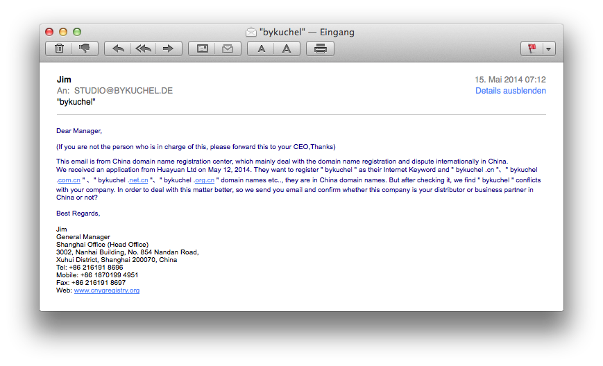 E-Mail aus China